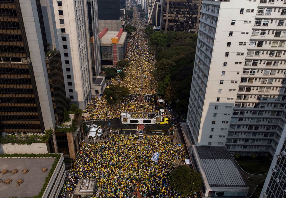 An aerial view of supporters of former Brazilian President Jair Bolsonaro during an Independence day rally in Sao Paulo, Brazil, on September 7, 2024.