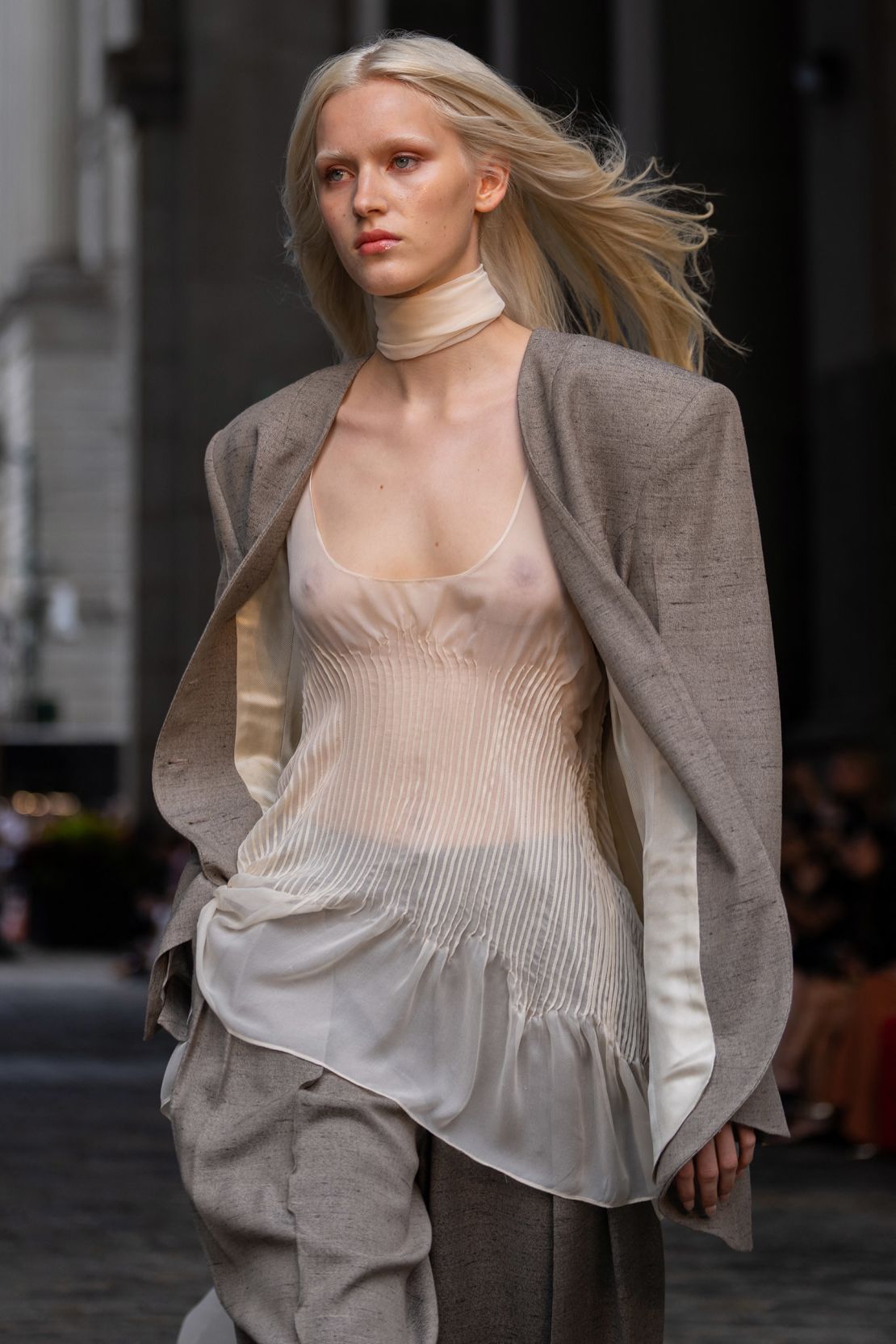 Gurung’s silk chiffon neck scarves trailed behind the models for a touch of airy elegance.