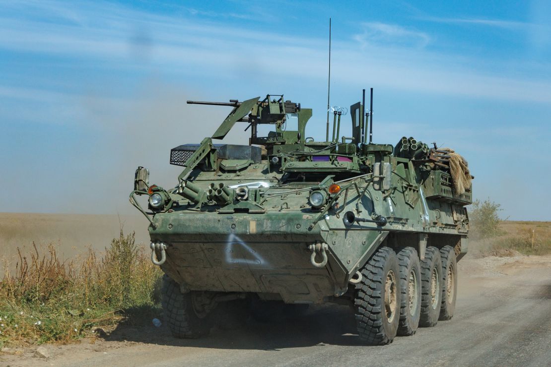 KURSK REGION, RUSSIA - AUGUST 30: А fighting vehicle Stryker drives down the street on August 30, 2024 in Kursk Region, Russia. The fighting in the Kursk Region began on August 6, 2024, when the Armed Forces of Ukraine crossed the Russian-Ukrainian border near the city of Sudzha and began to advance deep into Russian territory, and in a few days took control of dozens of settlements in Kursk Region. (Photo by Oleg Palchyk/Global Images Ukraine via Getty Images)