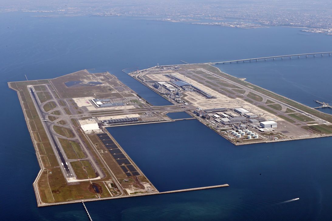 Kansai International Airport straddles two manmade islands three miles off the coast of Japan, and has a terminal designed by Renzo Piano.