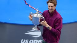 Italy's Jannik Sinner poses with the trophy after winning his men's final match against USA's Taylor Fritz on day fourteen of the US Open tennis tournament at the USTA Billie Jean King National Tennis Center in New York City, on September 8, 2024. (Photo by CHARLY TRIBALLEAU / AFP) (Photo by CHARLY TRIBALLEAU/AFP via Getty Images)