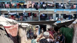 TOPSHOT - An overview shows a make-shift camp for people displaced by conflict at a school run by the UNRWA in Deir el-Balah in the central Gaza Strip on September 9, 2024 amid the ongoing war in the Palestinian territory between Israel and Hamas. (Photo by Eyad BABA / AFP) (Photo by EYAD BABA/AFP via Getty Images)