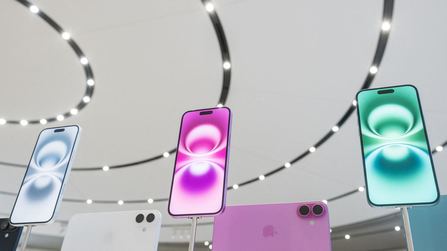 New Apple iPhone 16 models are displayed after Apple's "It's Glowtime" event in Cupertino, California, September 9, 2024.