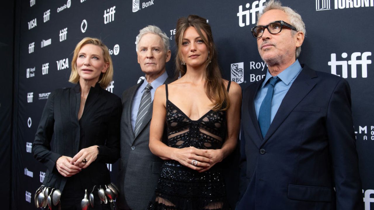 (L-R) Australian-US actress Cate Blanchett, US actor Kevin Kline, Australian actress Leila George and Mexican filmmaker Alfonso Cuaron attend the Canadian premiere of "Disclaimer" at the Royal Alexandra theatre during the Toronto International Film Festival (TIFF) in Toronto, Ontario, Canada, on September 9, 2024. (Photo by VALERIE MACON / AFP) (Photo by VALERIE MACON/AFP via Getty Images)