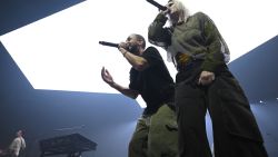 BURBANK, CALIFORNIA - SEPTEMBER 05: Mike Shinoda and Emily Armstrong and Linkin Park perform during a global livestream at Warner Bros. Studios on September 05, 2024 in Burbank, California.  (Photo by Timothy Norris/Getty Images for Warner Music)