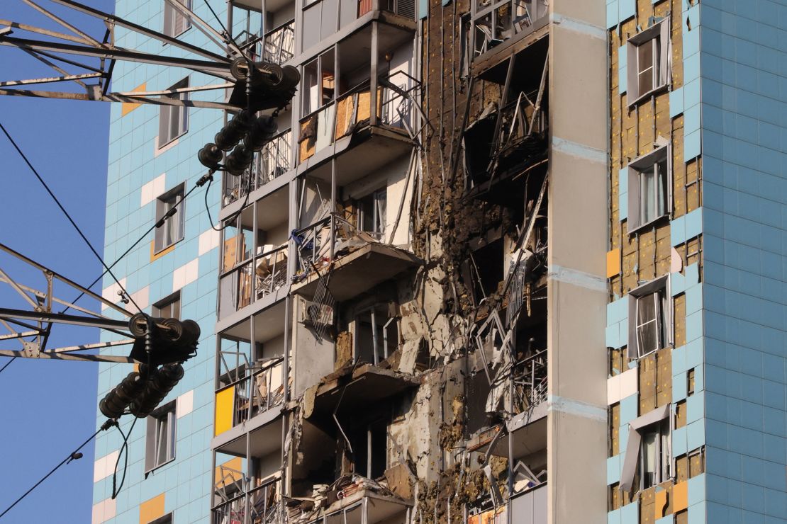 Another view of a damaged high-rise apartment building in the Ramenskoye district of the Moscow region.