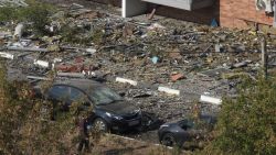 A view shows rubble in the yard of a damaged residential building following a drone attack in Ramenskoye in the Moscow region on September 10, 2024. A massive wave of Ukrainian drones set off air defences across several Russian regions, officials said on September 10, 2024, killing at least one person and grounding flights in the capital. (Photo by TATYANA MAKEYEVA / AFP) (Photo by TATYANA MAKEYEVA/AFP via Getty Images)