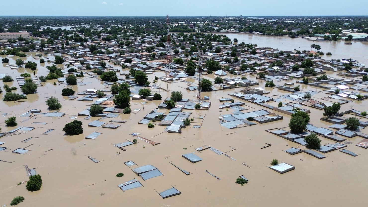 This aerial view shows submerged houses in Maiduguri, northern Nigeria, on September 10, 2024.