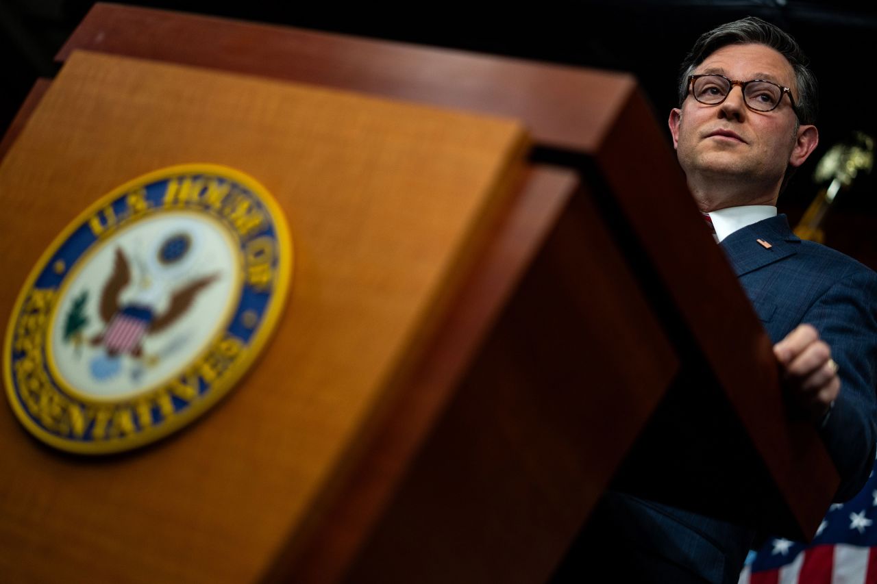 Speaker Mike Johnson is seen during a news conference at the US Capitol in Washington, DC on September 10.