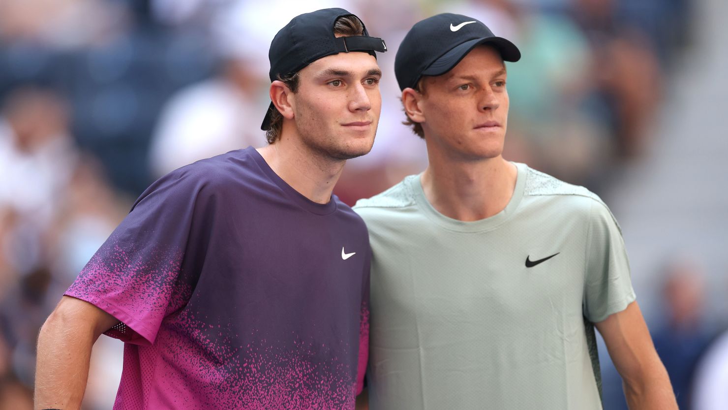 Jack Draper and Jannik Sinner pose prior to a US Open match on September 6, 2024.