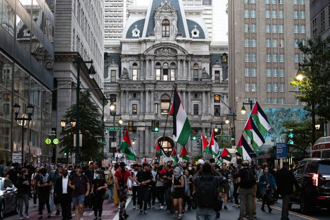 Pro-Palestinian protesters block roads as they rally in front of Philadelphia City Hall on Tuesday.