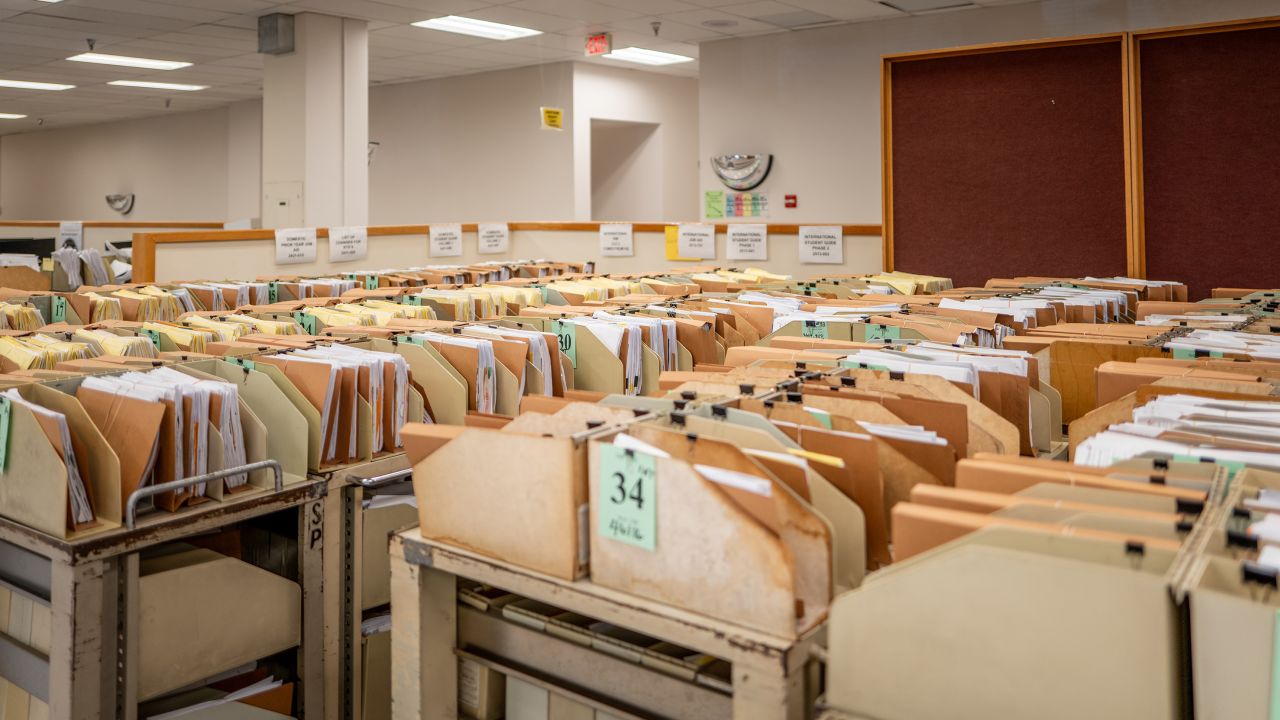 Carts containing documents sit organized at the IRS Processing Facility on September 6, 2024 in Austin, Texas.