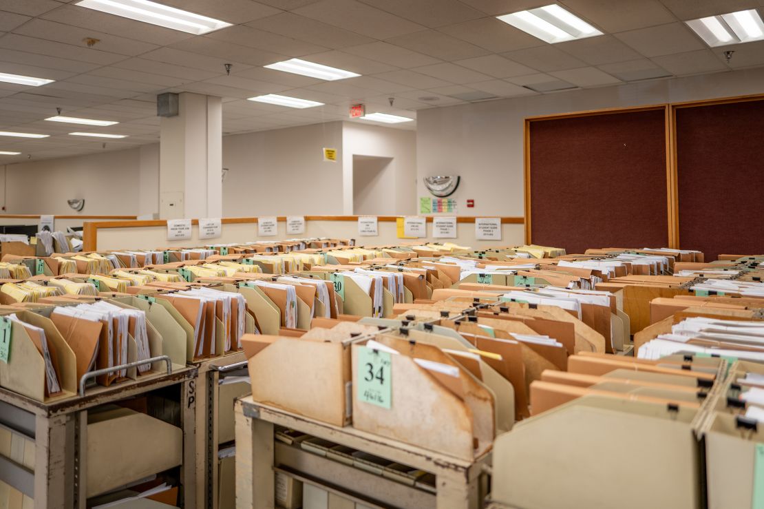 Carts containing documents sit organized at the IRS Processing Facility on September 6, 2024 in Austin, Texas.