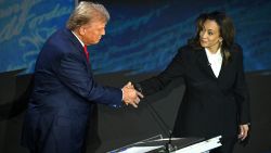 US Vice President and Democratic presidential candidate Kamala Harris (R) shakes hands with former US President and Republican presidential candidate Donald Trump during a presidential debate at the National Constitution Center in Philadelphia, Pennsylvania, on September 10, 2024. (Photo by SAUL LOEB / AFP) (Photo by SAUL LOEB/AFP via Getty Images)