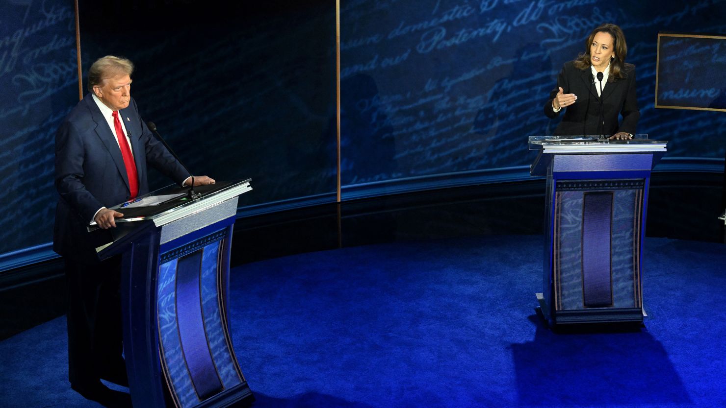 Vice President Kamala Harris speaks during a presidential debate with former President Donald Trump at the National Constitution Center in Philadelphia on September 10.