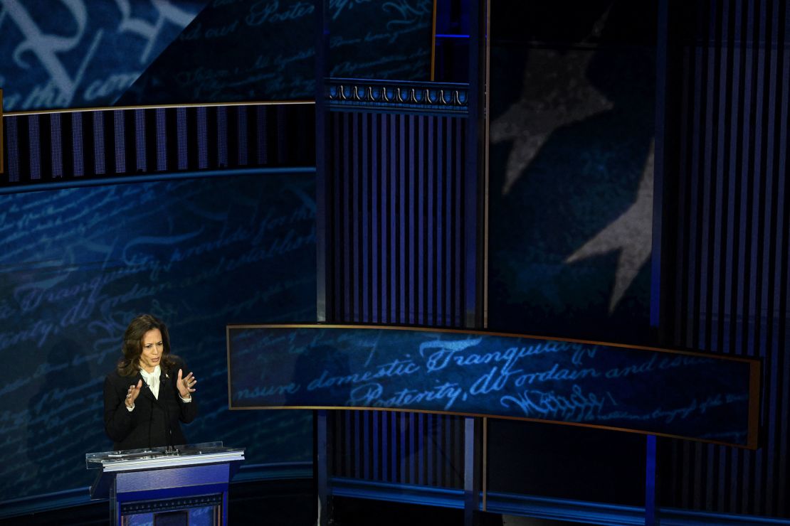 Harris berbicara selama debat presiden dengan Trump pada hari Selasa di Philadelphia.