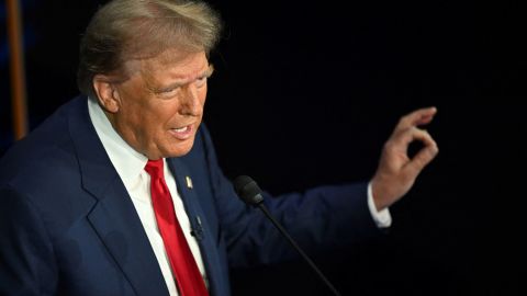 Former US President and Republican presidential candidate Donald Trump speaks during a presidential debate with US Vice President and Democratic presidential candidate Kamala Harris at the National Constitution Center in Philadelphia, Pennsylvania, on September 10, 2024. (Photo by SAUL LOEB / AFP) (Photo by SAUL LOEB/AFP via Getty Images)