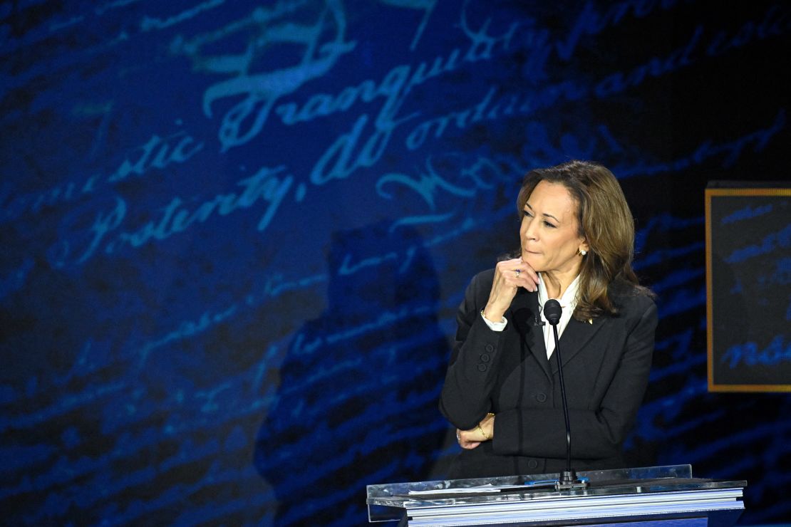 Harris looks in Trump's direction during their debate in Philadelphia on September 10, 2024.