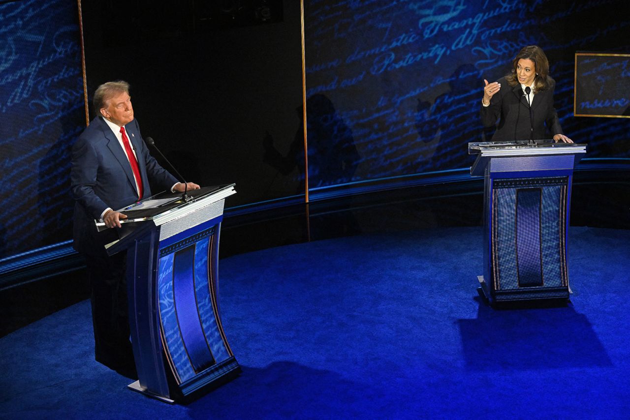 Former President Donald Trump and Vice President Kamala Harris participate in a presidential debate in Philadelphia on September 10.