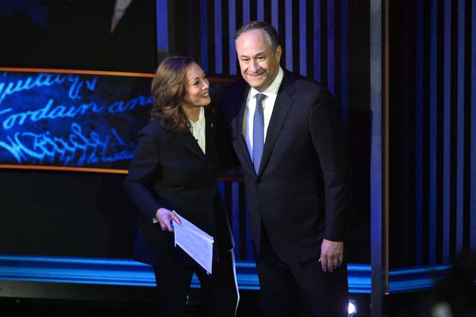 Harris greets her husband, Douglas Emhoff, after the debate, which took place at the National Constitution Center in Philadelphia.