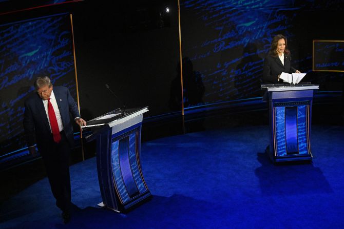 Trump walks off stage at the end of the debate. Harris and Trump <a href="https://www.cnn.com/politics/live-news/trump-harris-debate-abc-09-10-24#h_151e4fa26d864661756603071c775f83">didn't interact after the debate ended</a>.