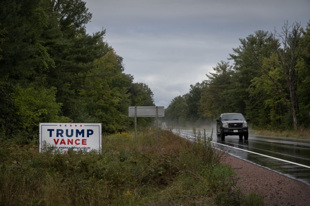 A sign along a roadway shows support for former President Donald Trump on September 6, 2024, near Remington, Wisconsin.