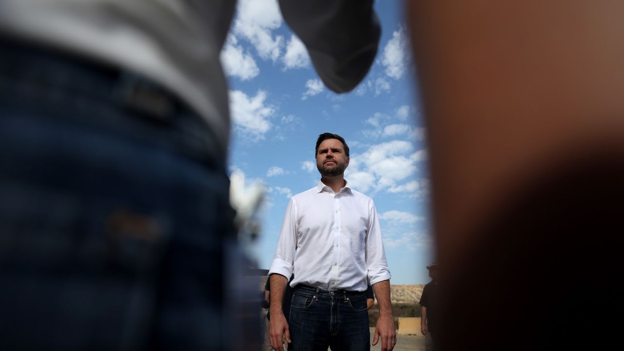 SAN DIEGO, CALIFORNIA - SEPTEMBER 06: Republican vice presidential nominee, U.S. Sen. J.D. Vance (R-OH) speaks to reporters in front of the border wall with Mexico on September 06, 2024 in San Diego, California. Vance was visiting the border during a trip to Southern California. (Photo by Justin Sullivan/Getty Images)