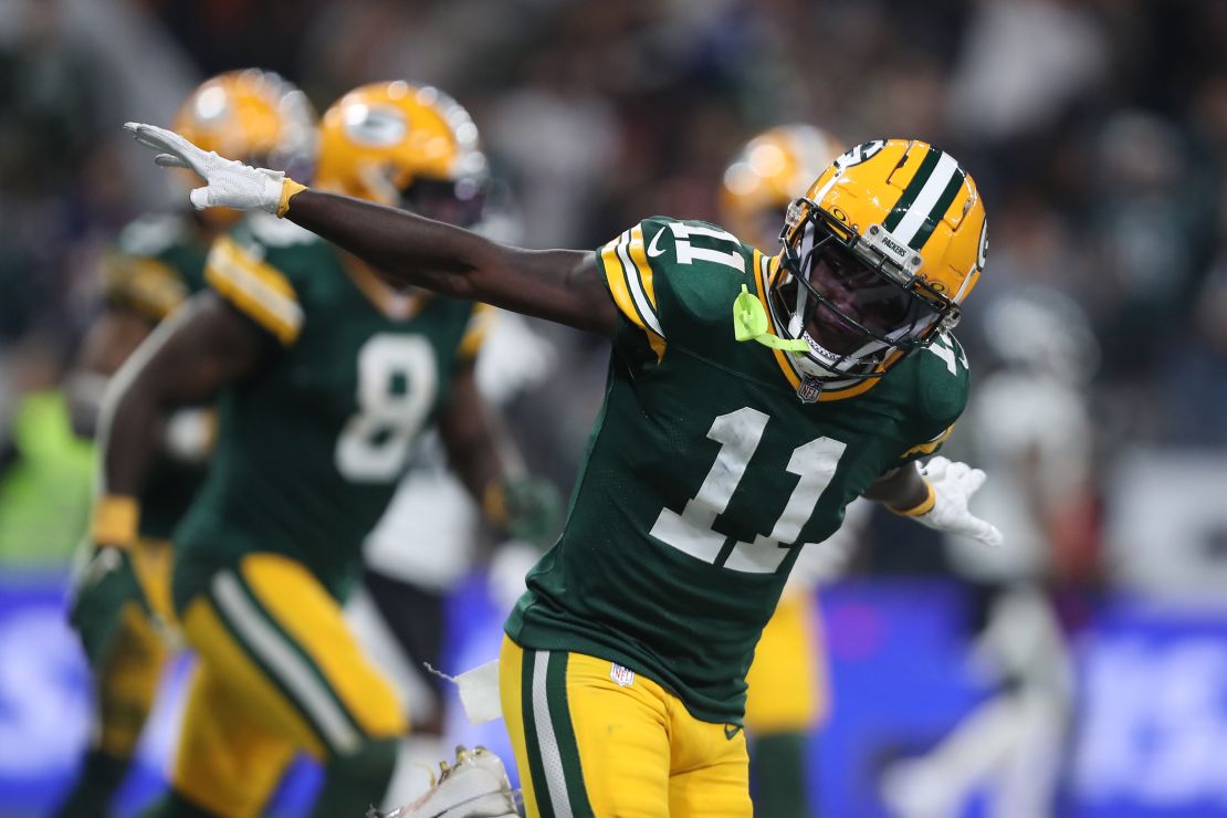 Packers wide receiver Jayden Reed celebrates after a touchdown during the second quarter.