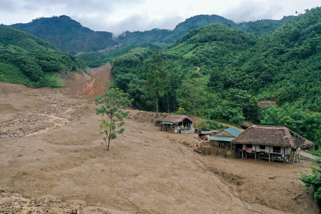 An aerial photo of the landslide site in Lan Nhu, a mountain village in Lao Cai Province, on September 11, 2024.