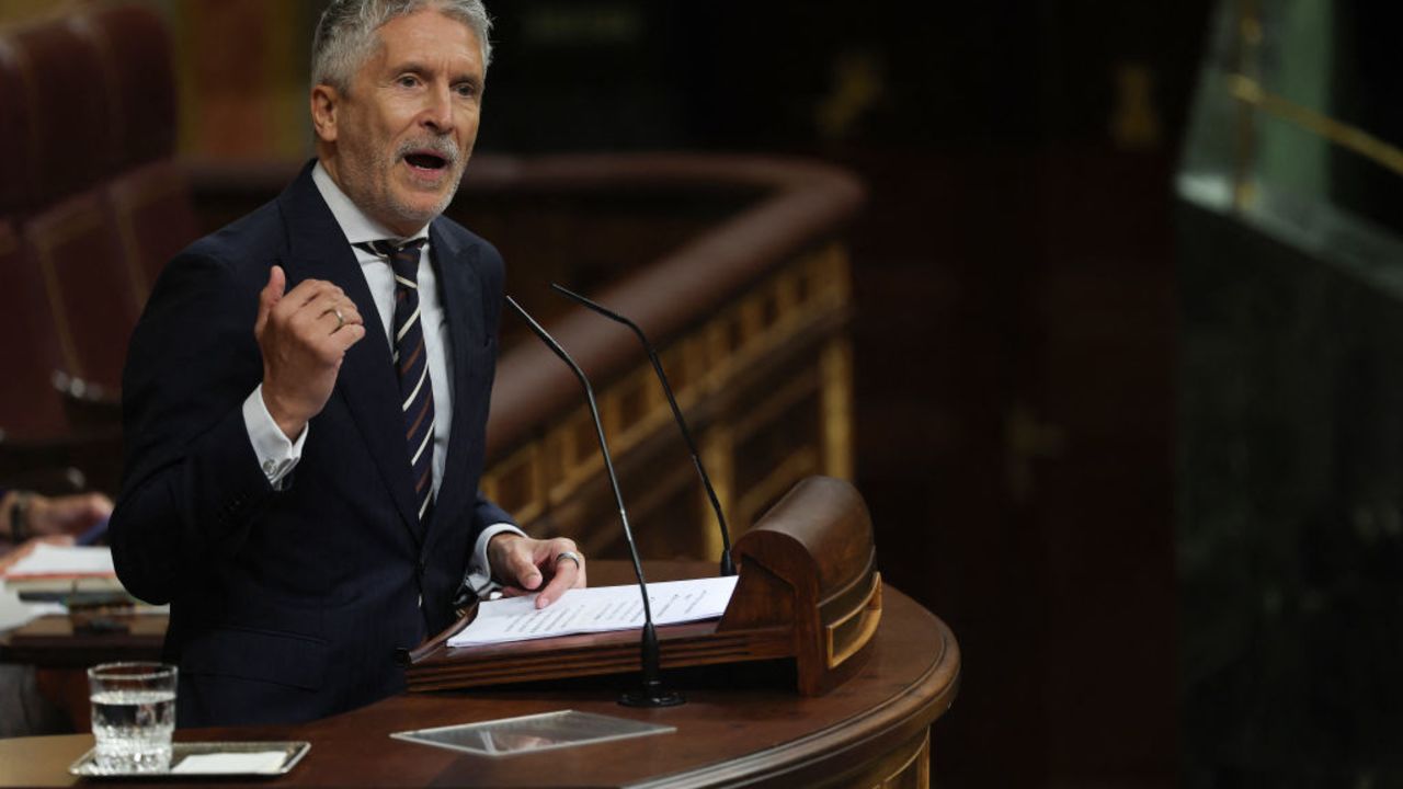 Spain's Minister of Interior Fernando Grande-Marlaska delivers a speech after Spanish Members of Parliament voted for the recognition by the Spanish State of Edmundo Gonzalez Urrutia as the winner of the Venezuelan election, at the Spanish Congress in Madrid on September 11, 2024. The Spanish Parliament adopted a text asking the Government to recognize Venezuelan opposition candidate Edmundo Gonzalez Urrutia, who has been a refugee in Spain since September 8, as the winner of the July presidential election against Nicolas Maduro. (Photo by Pierre-Philippe MARCOU / AFP) (Photo by PIERRE-PHILIPPE MARCOU/AFP via Getty Images)