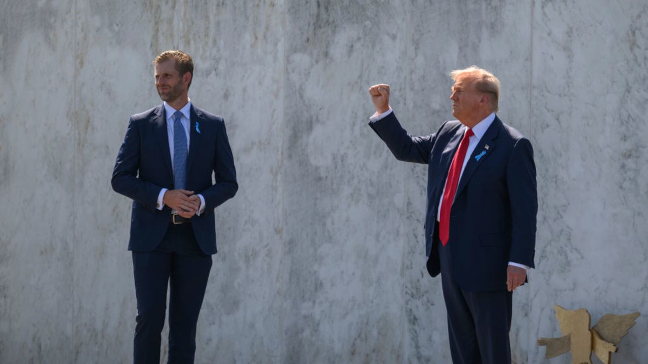 SHANKSVILLE, PENNSYLVANIA - SEPTEMBER 11: Republican presidential nominee, former U.S. President Donald Trump and his son Eric Trump walk along the Wall of Names of the victims after a wreath-laying following a ceremony commemorating the 23rd anniversary of the crash of Flight 93 during the September 11th terrorist attacks at the Flight 93 National Memorial on September 11, 2024 in Shanksville, Pennsylvania. The nation is marking the twenty-third anniversary of the terror attacks of September 11, 2001, when the terrorist group al-Qaeda flew hijacked airplanes into the World Trade Center, Shanksville, PA and the Pentagon, killing nearly 3,000 people.  (Photo by Jeff Swensen/Getty Images)