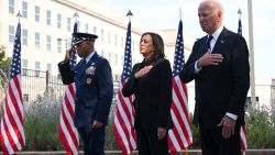 (L-R) 21st chairman of the Joint Chiefs of Staff Charles Quinton Brown Jr., US President Joe Biden and US Vice President Kamala Harris participate in a wreath laying ceremony on the 23rd anniversary of the September 11 terror attack at the Pentagon in Arlington, Virginia on September 11, 2024. (Photo by ROBERTO SCHMIDT / AFP) (Photo by ROBERTO SCHMIDT/AFP via Getty Images)