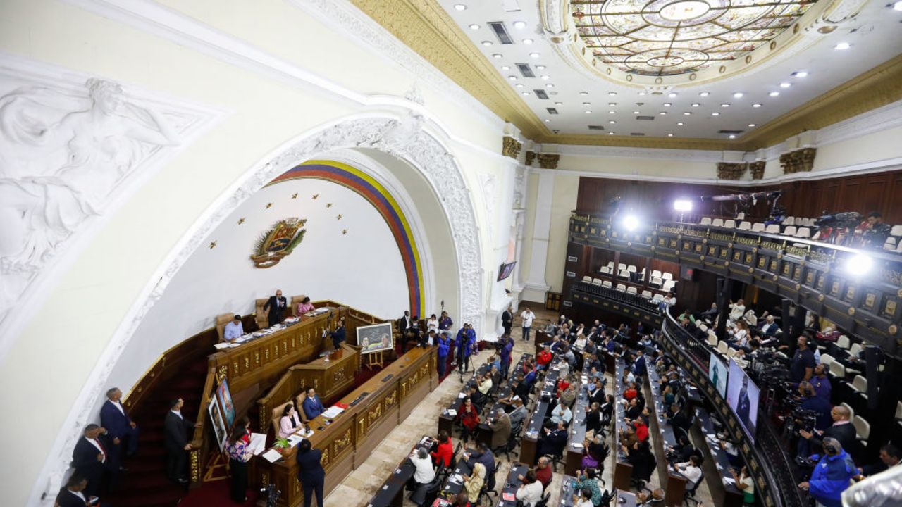 The president of the National Assembly, Jorge Rodriguez (L-C), speaks during a session at the National Assembly in Caracas on September 11, 2024. Venezuelan head of parliament, Jorge Rodriguez, proposed that the National Assembly adopt a resolution urging President Nicolas Maduro, whose re-election is being contested by the opposition, to "sever all relations" with Spain, where the opposition candidate has found asylum (Photo by Pedro Rances Mattey / AFP) (Photo by PEDRO RANCES MATTEY/AFP via Getty Images)