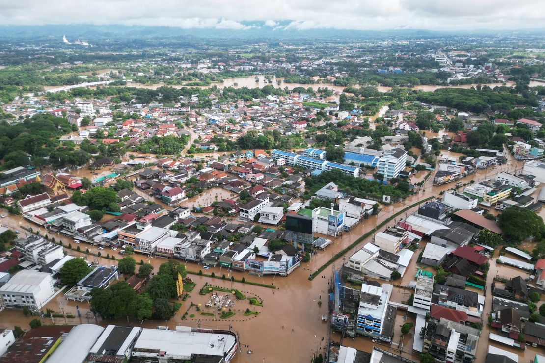 Flood waters surround an entire neighborhood in the northern Thai city of Chiang Rai on September 12, 2024.