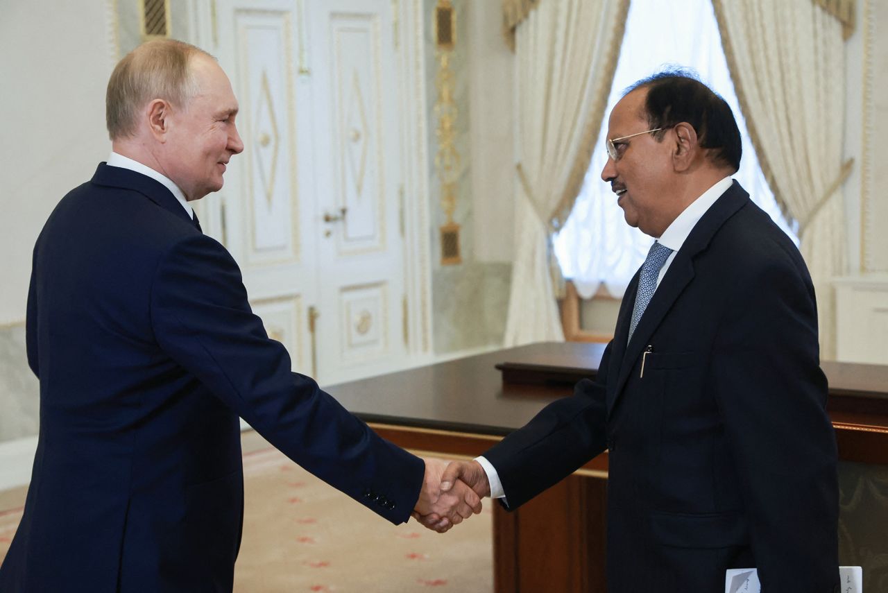 Russia's President Vladimir Putin with India's National Security Advisor Ajit Doval in Saint Petersburg on September 12, 2024.
