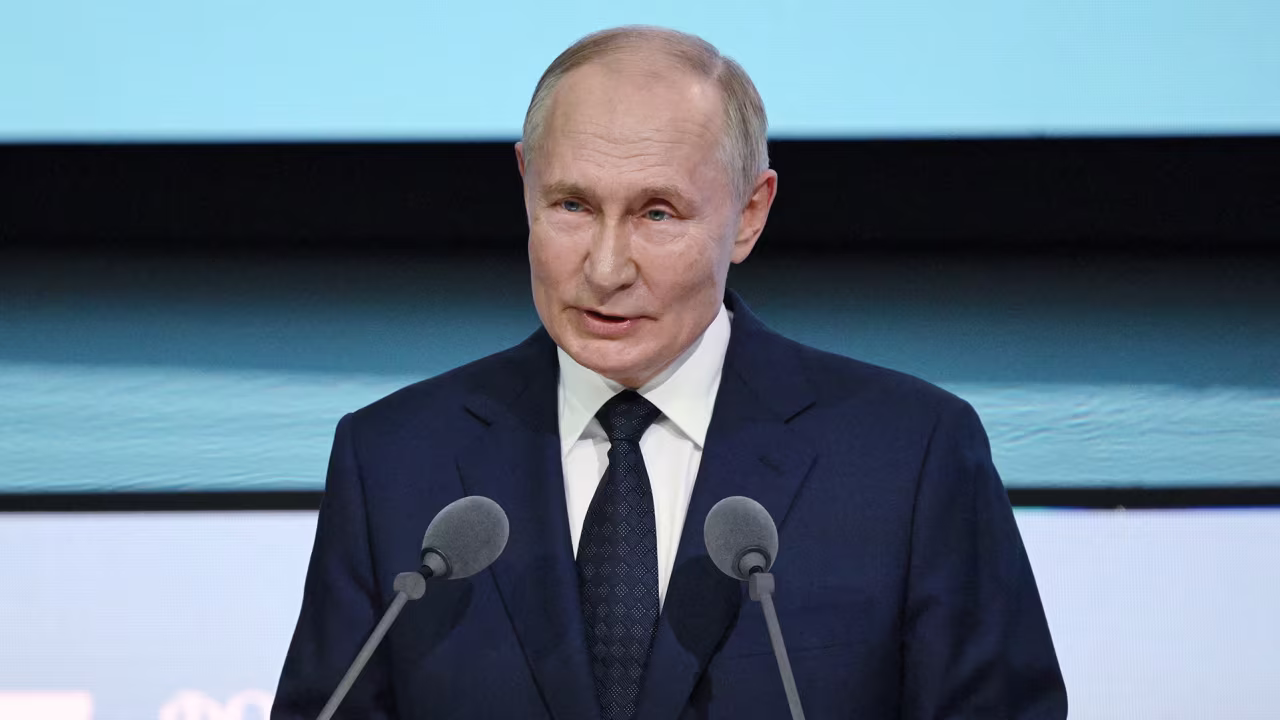 Russian President Vladimir Putin delivers a speech at the St. Petersburg International United Cultures Forum in Saint Petersburg, Russia, on September 12.