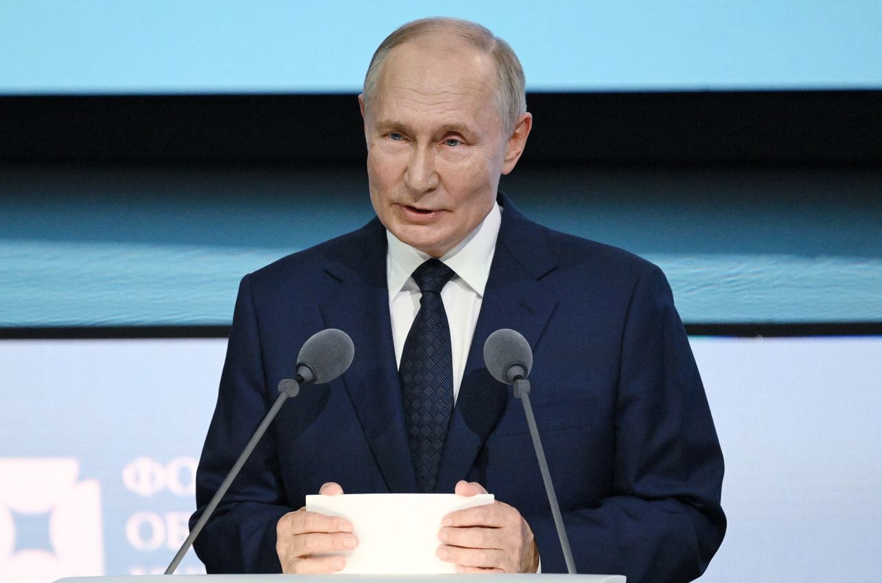 Russian President Vladimir Putin delivers a speech at the St. Petersburg International United Cultures Forum in Saint Petersburg, Russia, on September 12.