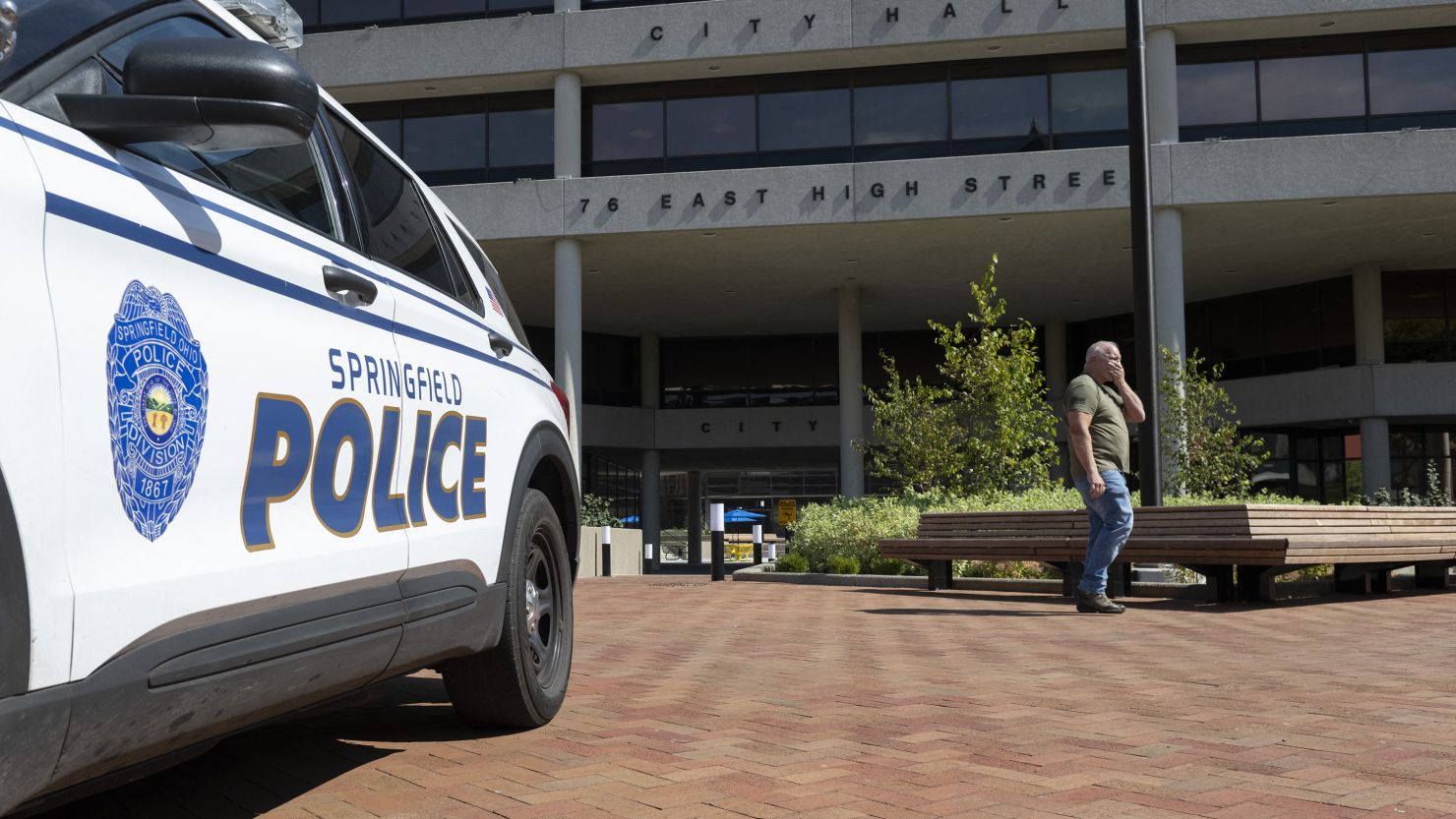 A police SUV sits outside Springfield's city hall on Friday, September 12. AFP via Getty Images