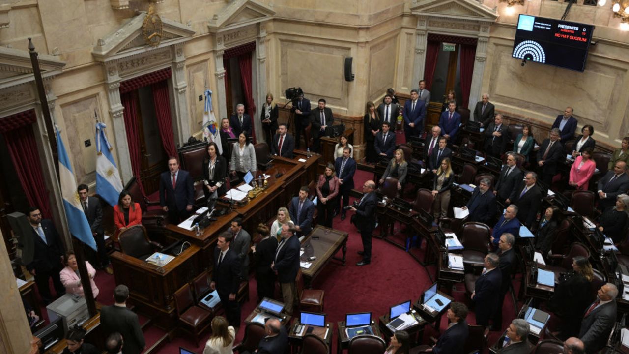 View of Argentine senators during the anthem ceremony to start a session at the Congress in Buenos Aires on September 12, 2024. (Photo by JUAN MABROMATA / AFP) (Photo by JUAN MABROMATA/AFP via Getty Images)