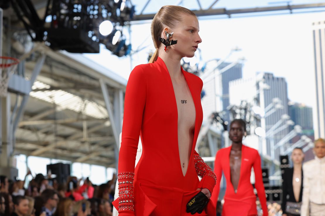 A model walks the runway for the Off-White fashion show during New York Fashion Week on September 8, 2024 in New York City.