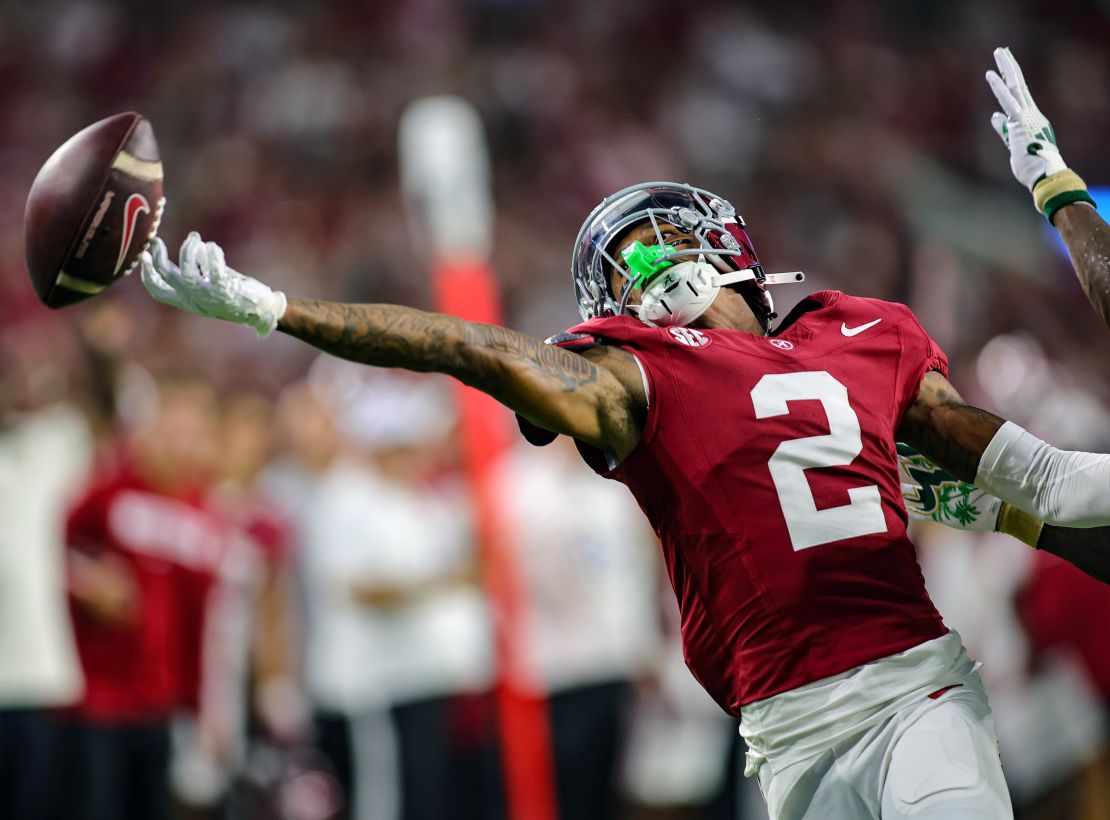 TUSCALOOSA, ALABAMA - SEPTEMBER 7: Ryan Williams #2 of the Alabama Crimson Tide stretches for a pass off his finger tips during the first half against the South Florida Bulls at Bryant-Denny Stadium on September 7, 2024 in Tuscaloosa, Alabama. (Photo by Brandon Sumrall/Getty Images)