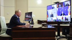 In this pool photograph distributed by the Russian state agency Sputnik, Russia's President Vladimir Putin chairs a Security Council meeting via videoconference at the Novo-Ogaryovo state residence outside Moscow on September 13, 2024. (Photo by Alexander KAZAKOV / POOL / AFP) (Photo by ALEXANDER KAZAKOV/POOL/AFP via Getty Images)