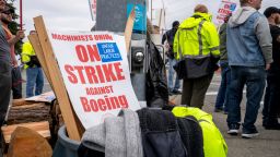 Picket signs outside the Boeing factory in Everett, Washington, on the first day of the strike against the aircraft maker.