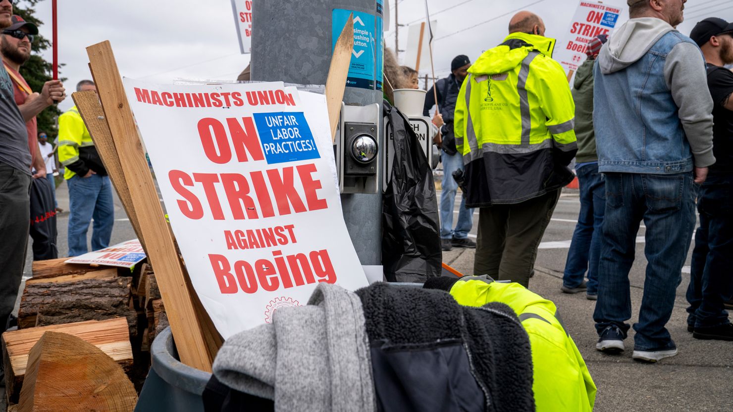 Picket signs outside the Boeing factory in Everett, Washington, on the first day of the strike against the aircraft maker.