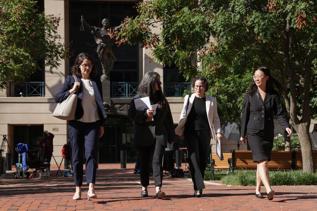 Attorney Karen Dunn (3rd L) of Google’s defense team leaves the Albert V. Bryan United States Courthouse on September 9, 2024 in Alexandria, Virginia. The Justice Department is charging Google in an antitrust case challenging the practice in its ad-tech business violating antitrust laws.