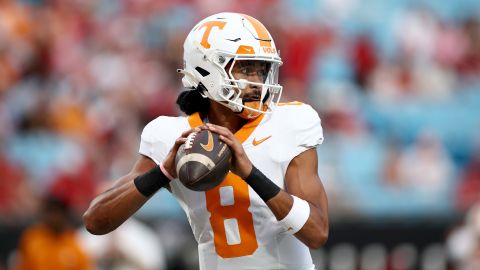 CHARLOTTE, NORTH CAROLINA - SEPTEMBER 07: Nico Iamaleava #8 of the Tennessee Volunteers warms up prior to the Duke's Mayo Classic against the NC State Wolfpack at Bank of America Stadium on September 07, 2024 in Charlotte, North Carolina. (Photo by Jared C. Tilton/Getty Images)