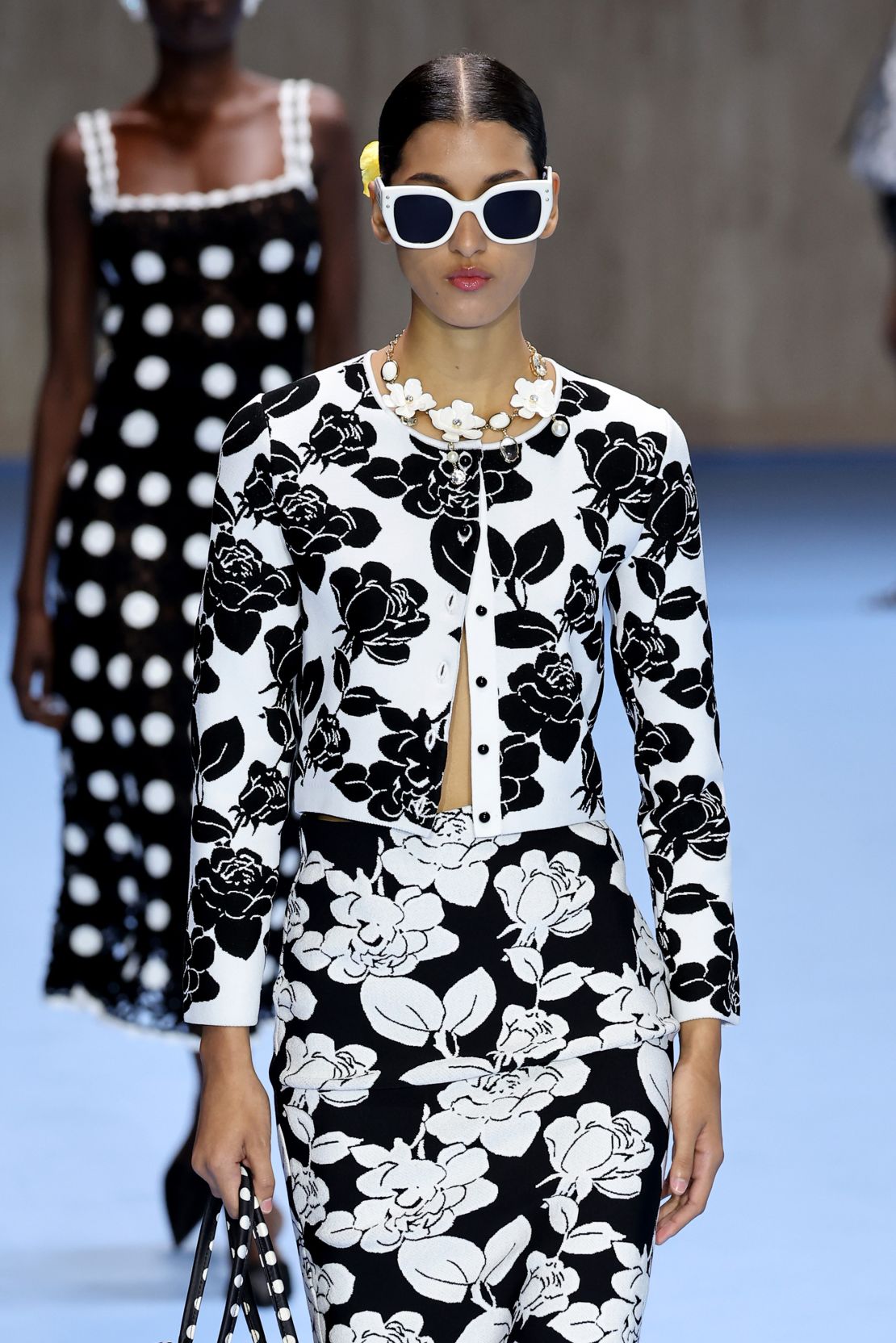 Carolina Herrera creative director Wes Gordon began the show with mixed black-and-white graphic prints before expanding into pinks, yellows and reds.