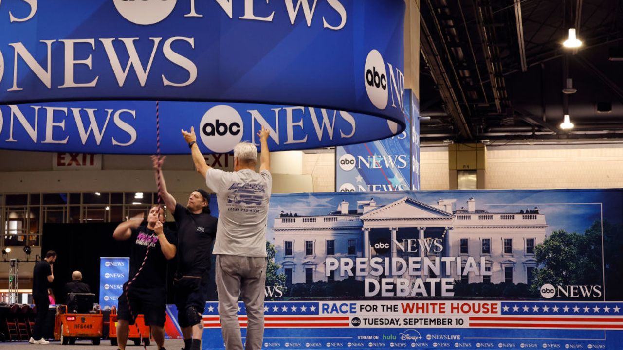 PHILADELPHIA, PENNSYLVANIA - SEPTEMBER 09: ABC News signage is installed in the media file center inside the Pennsylvania Convention Center one day before the presidential debate on September 09, 2024 in Philadelphia, Pennsylvania. Democratic presidential nominee, U.S. Vice President Kamala Harris and Republican presidential nominee, former President Donald Trump will face off in their first debate Tuesday evening at The National Constitution Center. (Photo by Chip Somodevilla/Getty Images)