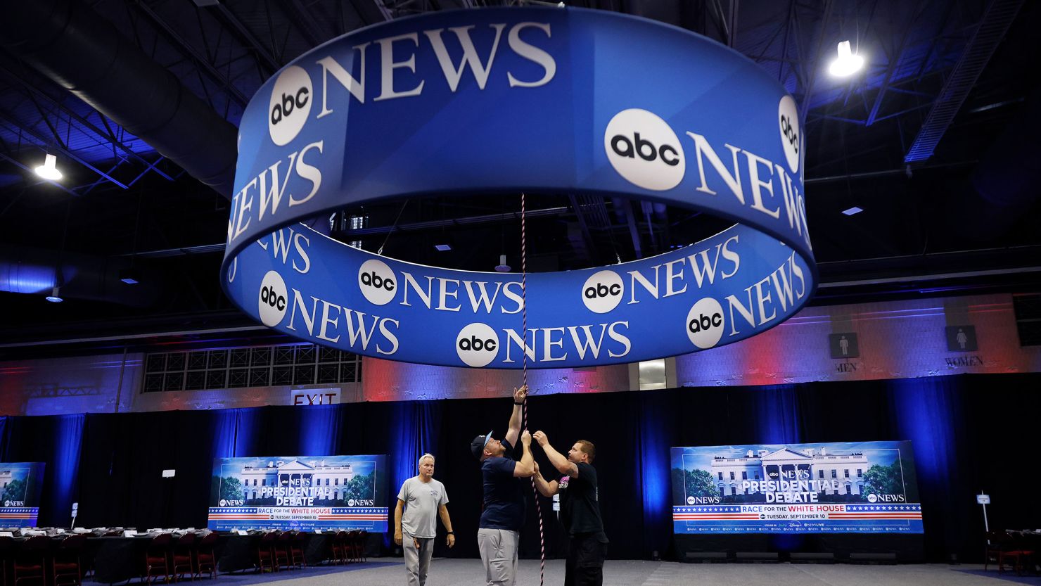 ABC News signage is installed inside the Pennsylvania Convention Center ahead of the Sep. 10 presidential debate in Philadelphia.