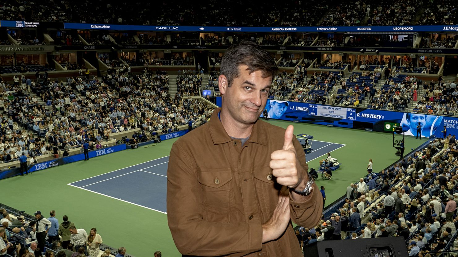 The Daily Show's Michael Kosta gives a thumbs up from the US Open on September 4, 2024.